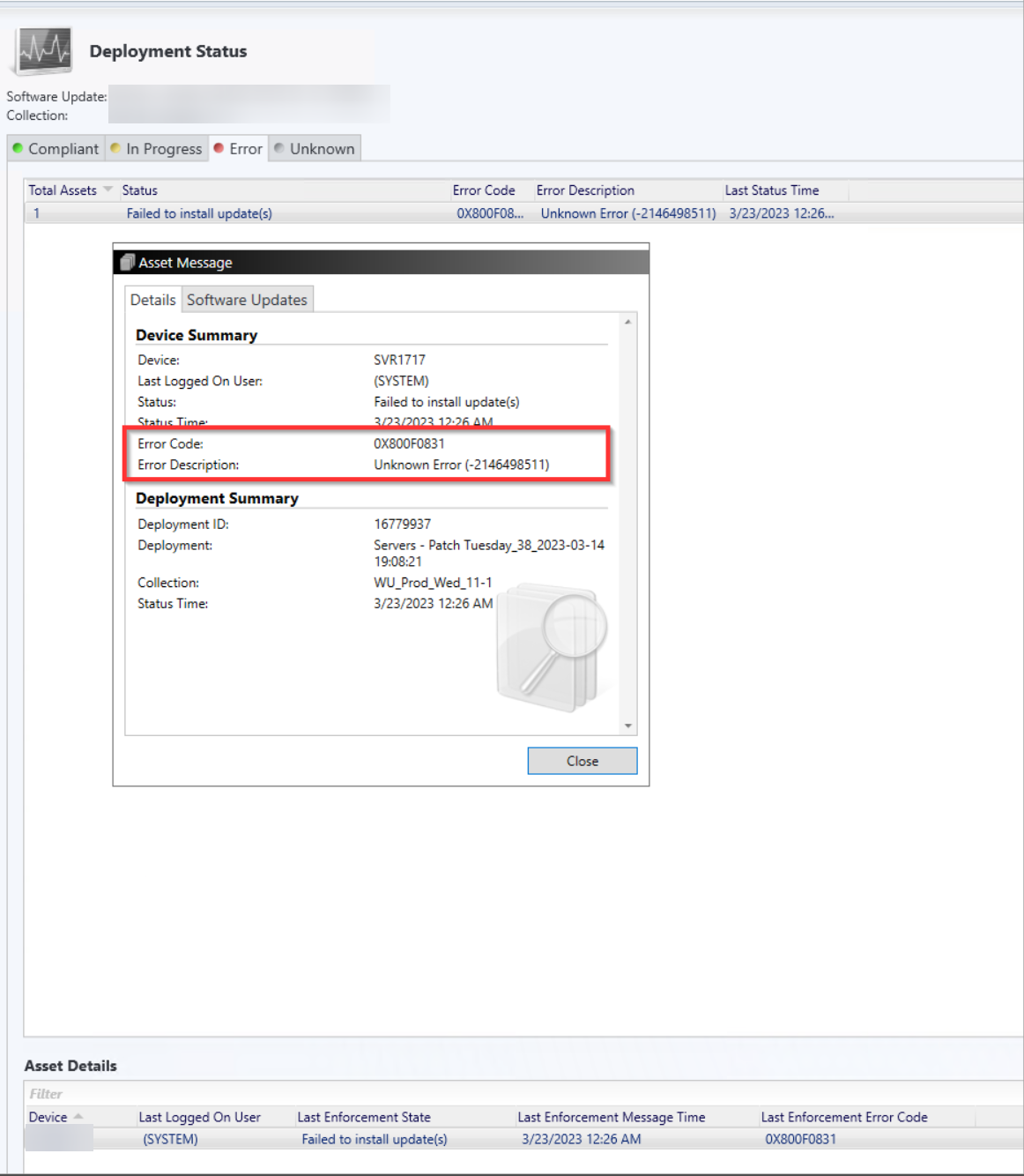 Update failure screenshot